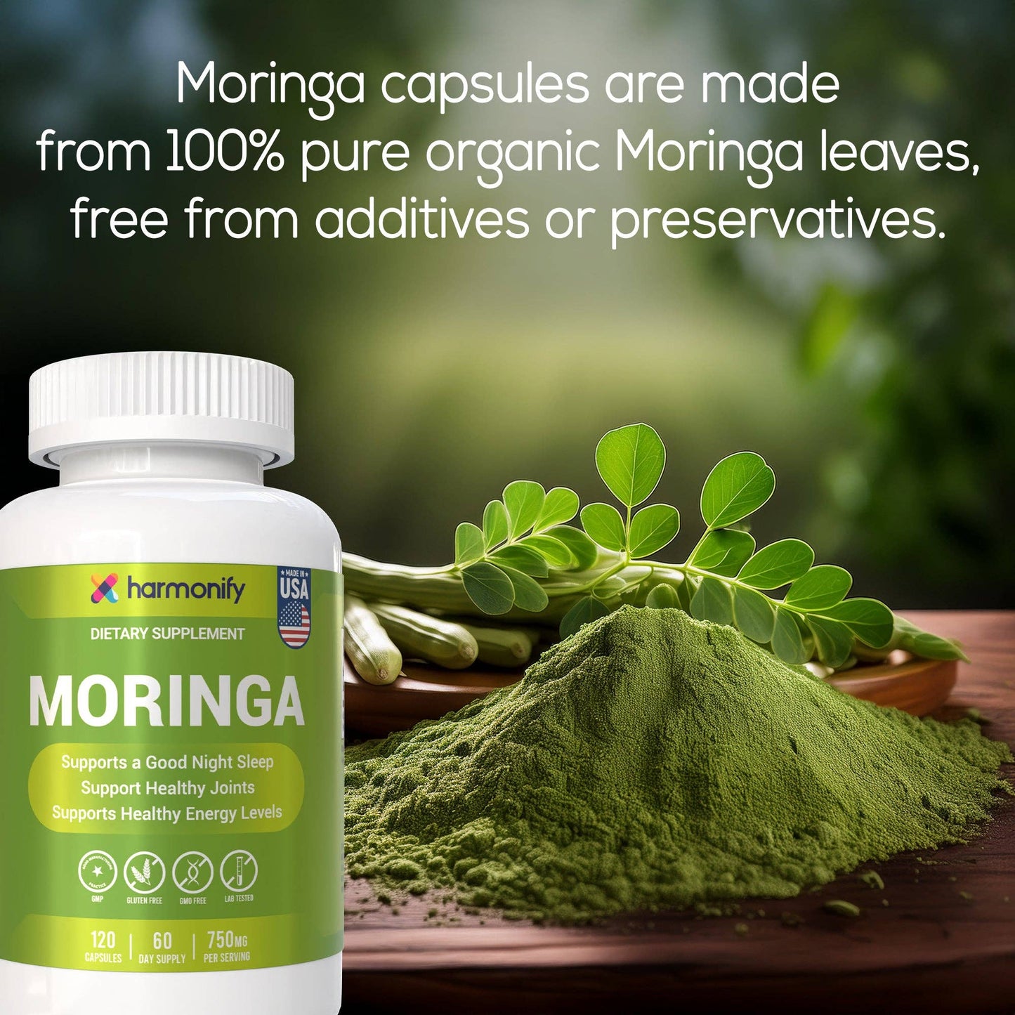 Moringa Capsules - Pure Moringa Powder - Supports Restful Sleep, Joint Comfort & Healthy Energy Levels - 120 Moringa Capsules - Made in USA, Gluten Free, GMO Free