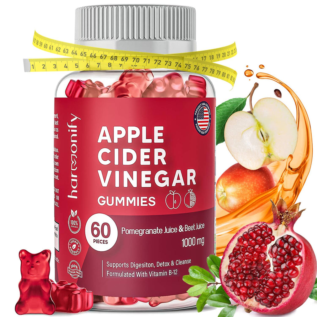 Bottle of Harmony Apple Cider Vinegar Gummies with pomegranate and apple imagery on a white background