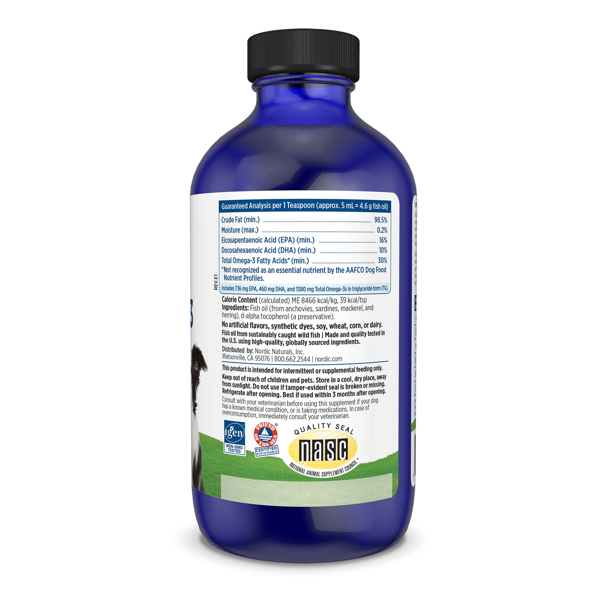 Blue supplement bottle with label on a white background - nutritional facts