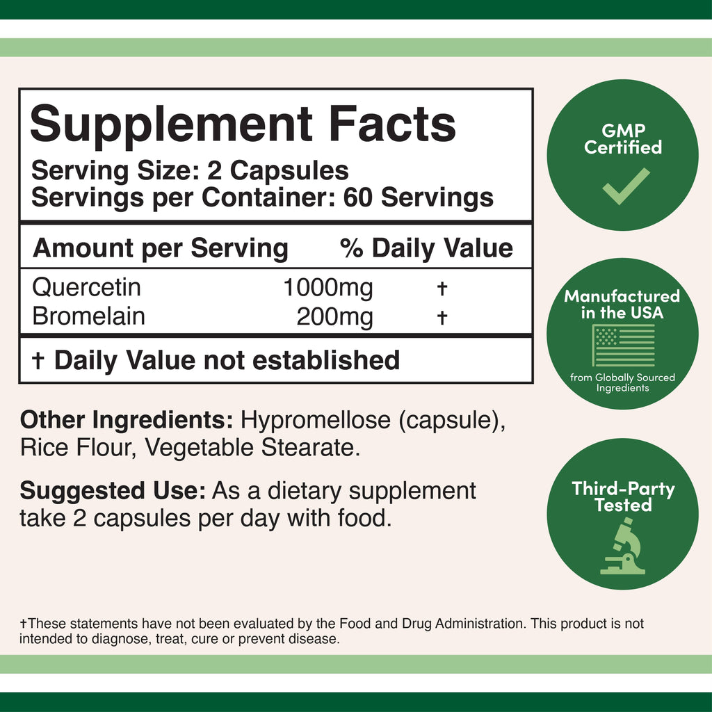 Supplement facts label with GMP certified, USA manufacturing, and third-party testing icons.