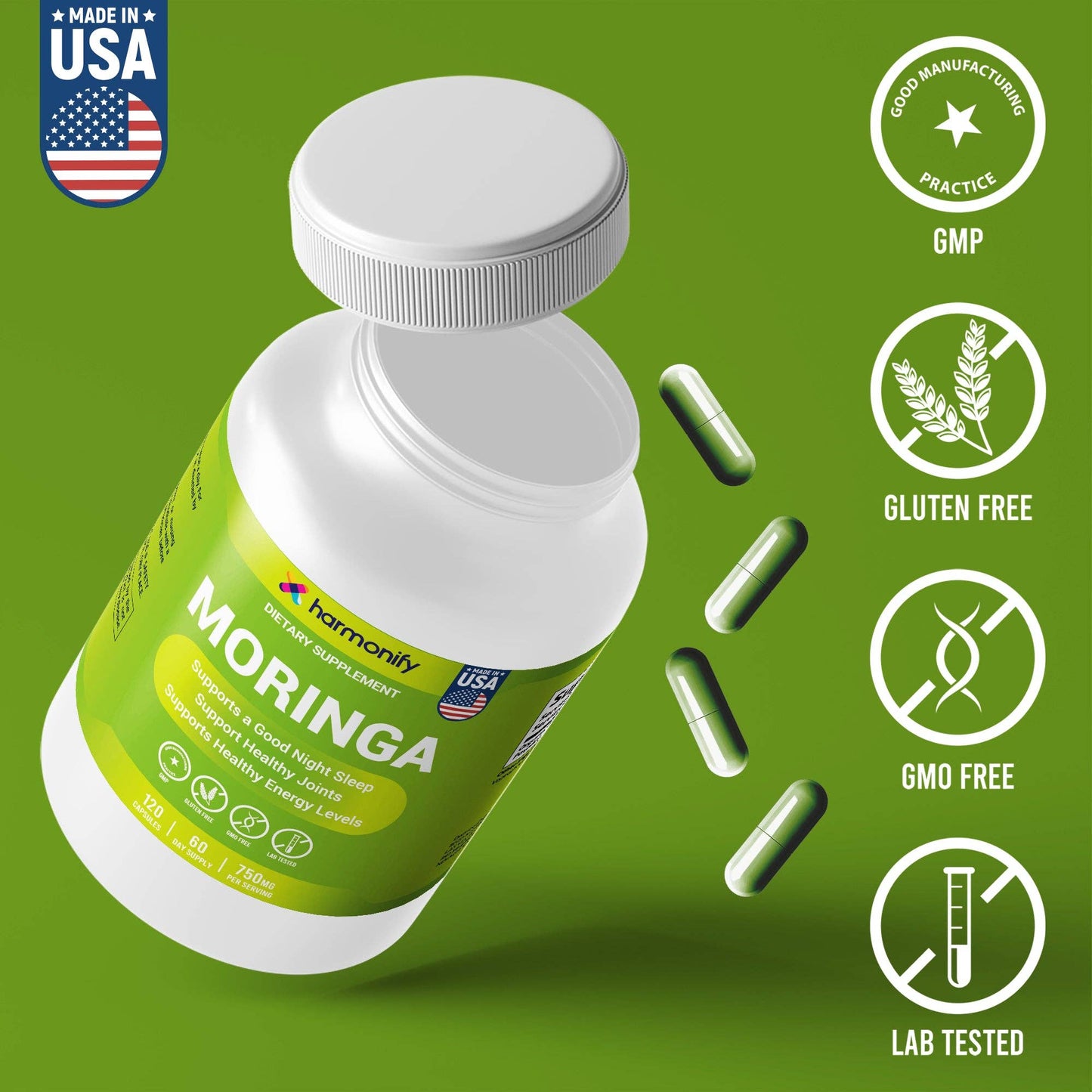 Moringa Capsules - Pure Moringa Powder - Supports Restful Sleep, Joint Comfort & Healthy Energy Levels - 120 Moringa Capsules - Made in USA, Gluten Free, GMO Free