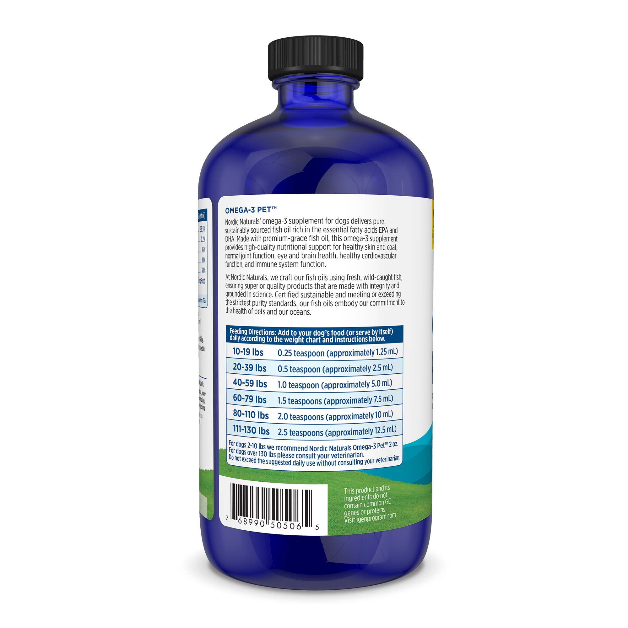 Blue bottle with label on a white background - Directions and nutritional facts