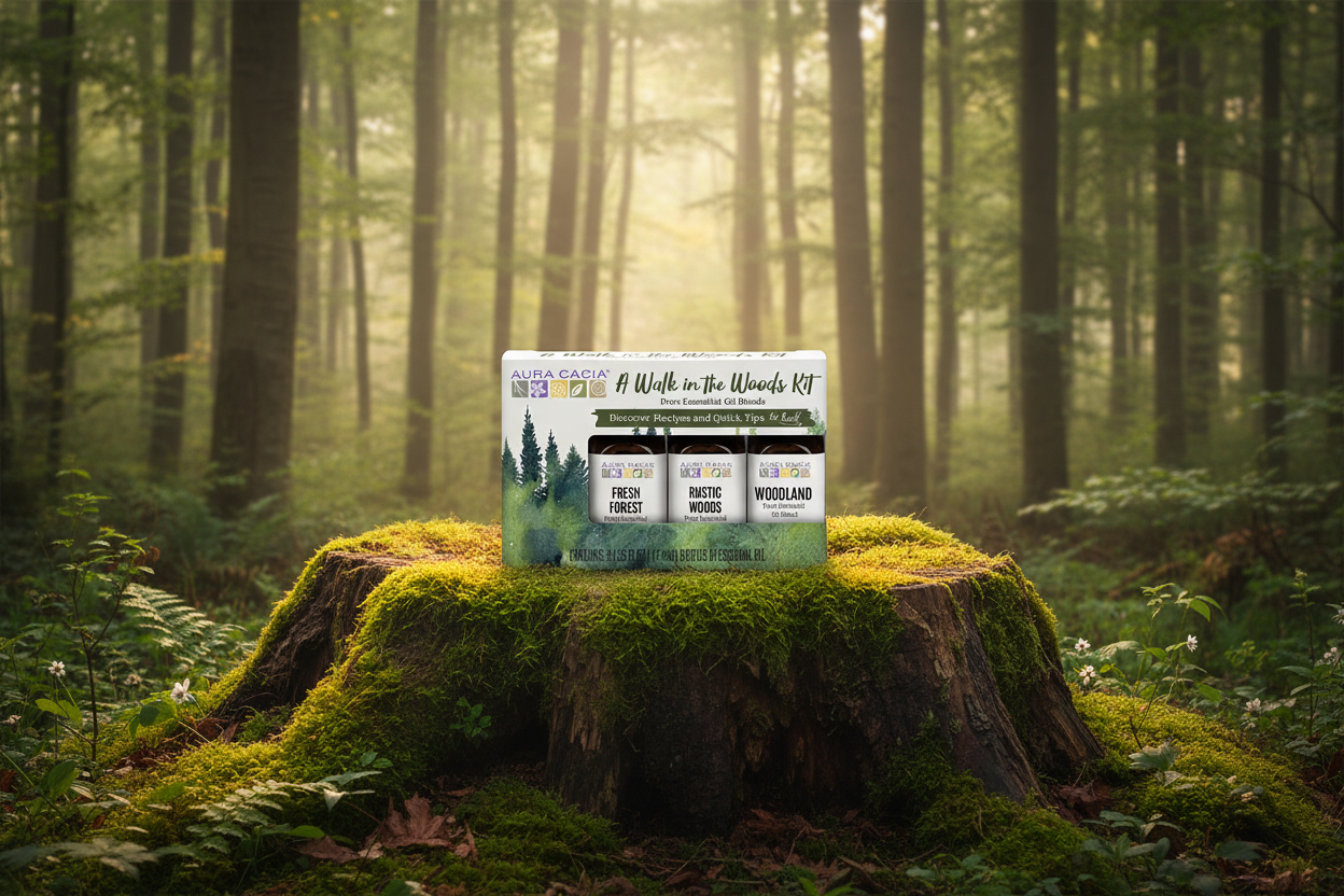 A walk in the woods by Aura Cacia on a mossy tree stump in the forest