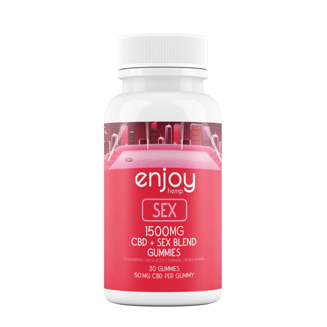 Bottle of enjoy hemp CBD gummies with red label on white background