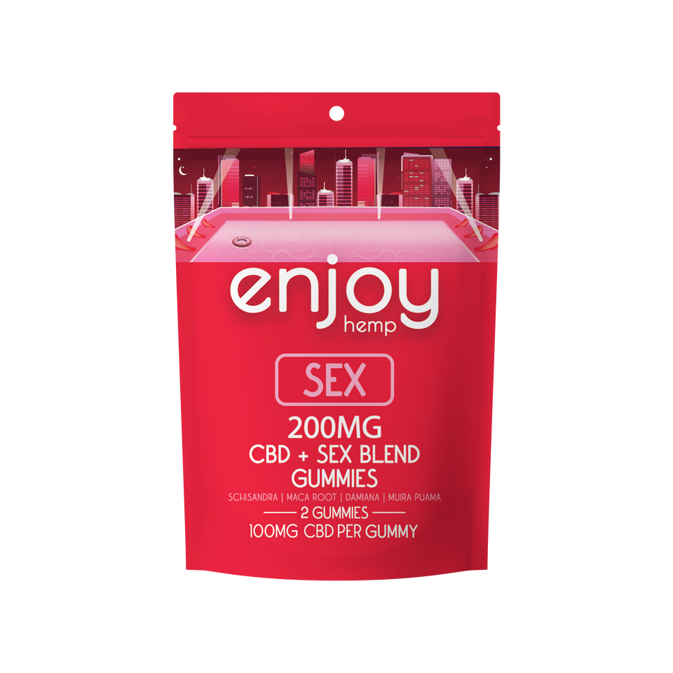 Red packaging of 'enjoy hemp' CBD and sex blend gummies with a cityscape design.
