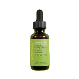 Bottle of HempLucid beverage extract on a white background