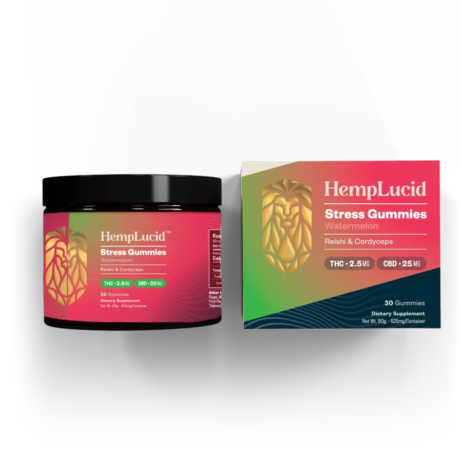 HempLucid Stress Gummies container and packaging on a white background