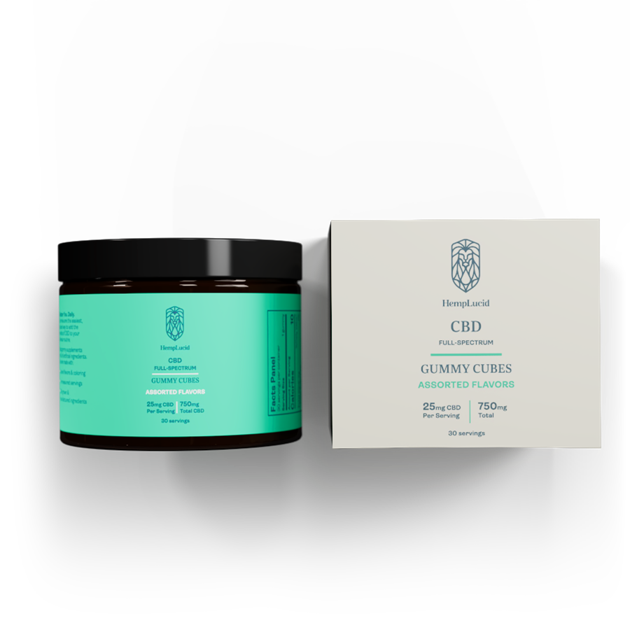 The image shows a green jar labeled 'HempLucid CBD Gummy Cures' with assorted flavors, and a white box with the brand name and product details. Both items have text indicating 25mg CBD.