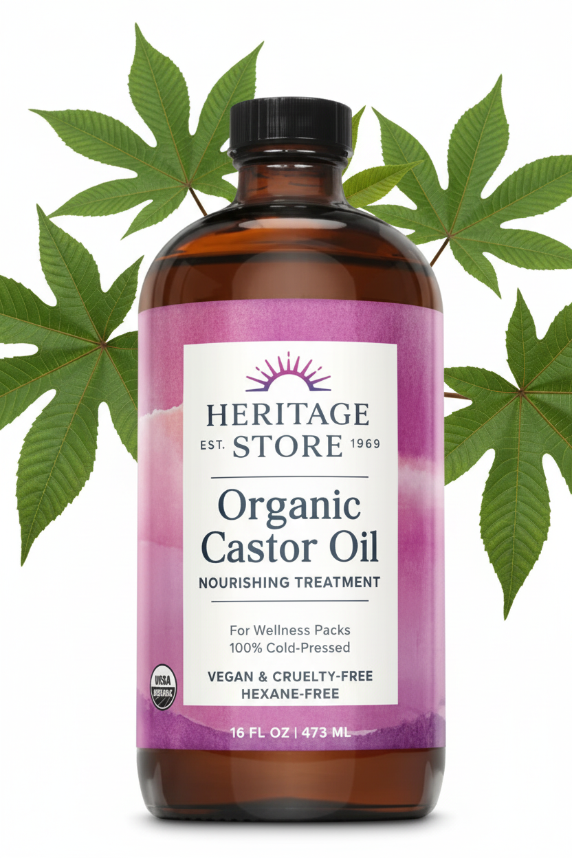 Heritage Store Organic Castor Oil - Cold-Pressed Hexane-Free for Wellness Packs