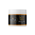 A jar of NAYSAA All-Natural Relief Salve with 2000mg CBD, with a black and white label design.