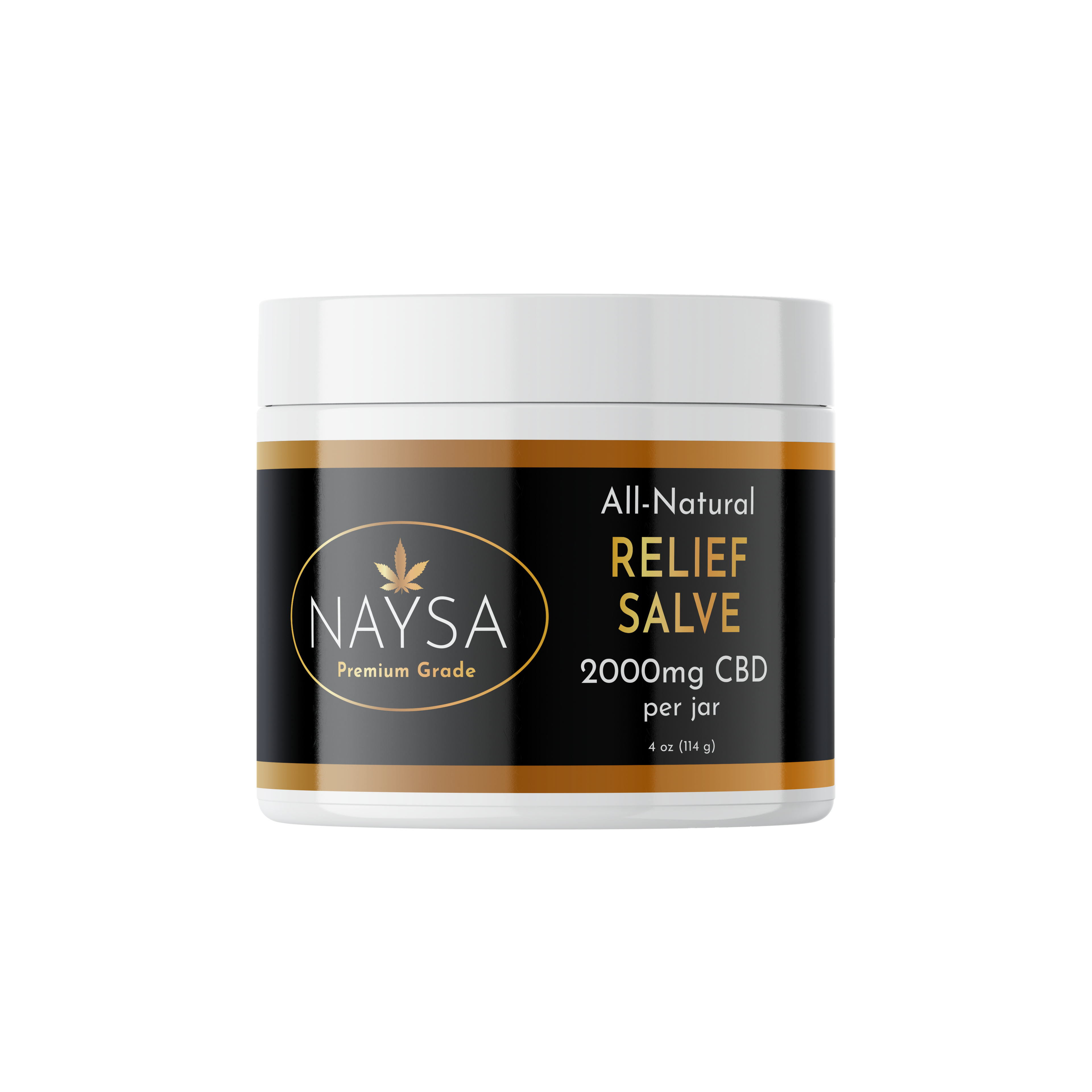 A jar of NAYSAA All-Natural Relief Salve with 2000mg CBD, with a black and white label design.