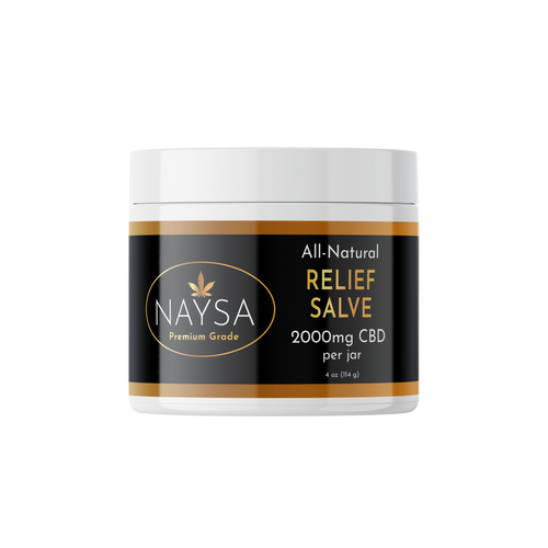 A jar of NAYSAA All-Natural Relief Salve with 2000mg CBD, with a black and white label design.