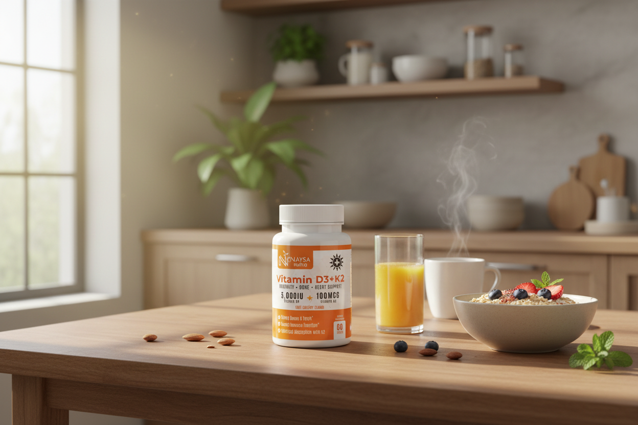 Supplement bottle on a table with a glass of juice and bowl of cereal in a kitchen setting