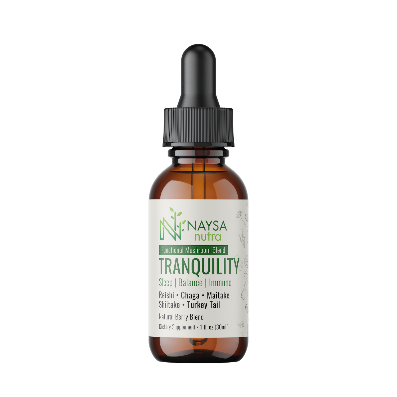 A bottle of Naysa Tranquility functional mushroom blend with dropper, featuring Reishi, Chaga, Maitake, Shiitake, and Turkey Tail mushrooms.
