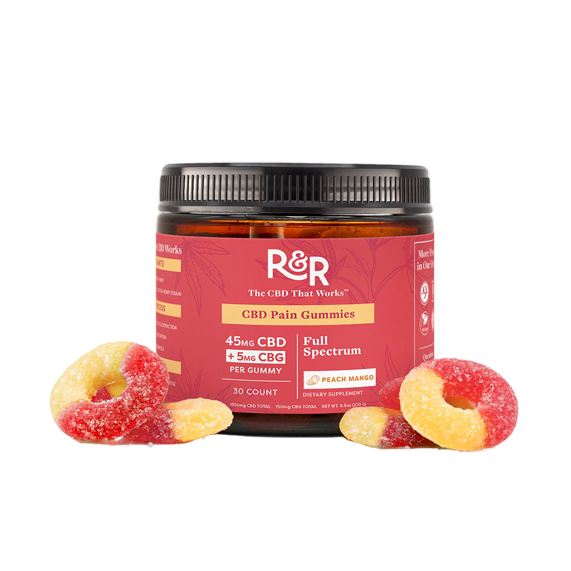 Jar of R&R CBD Pain Gummies with gummy rings on a white background