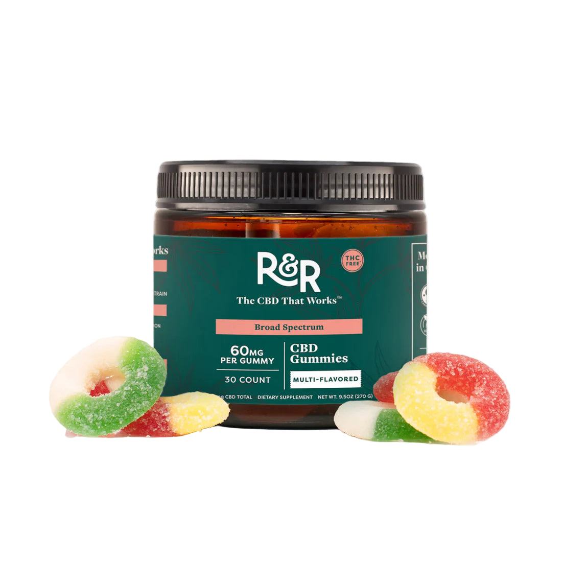 Jar of R&R 60mg broad spectrum CBD Gummies with gummy rings on a white background