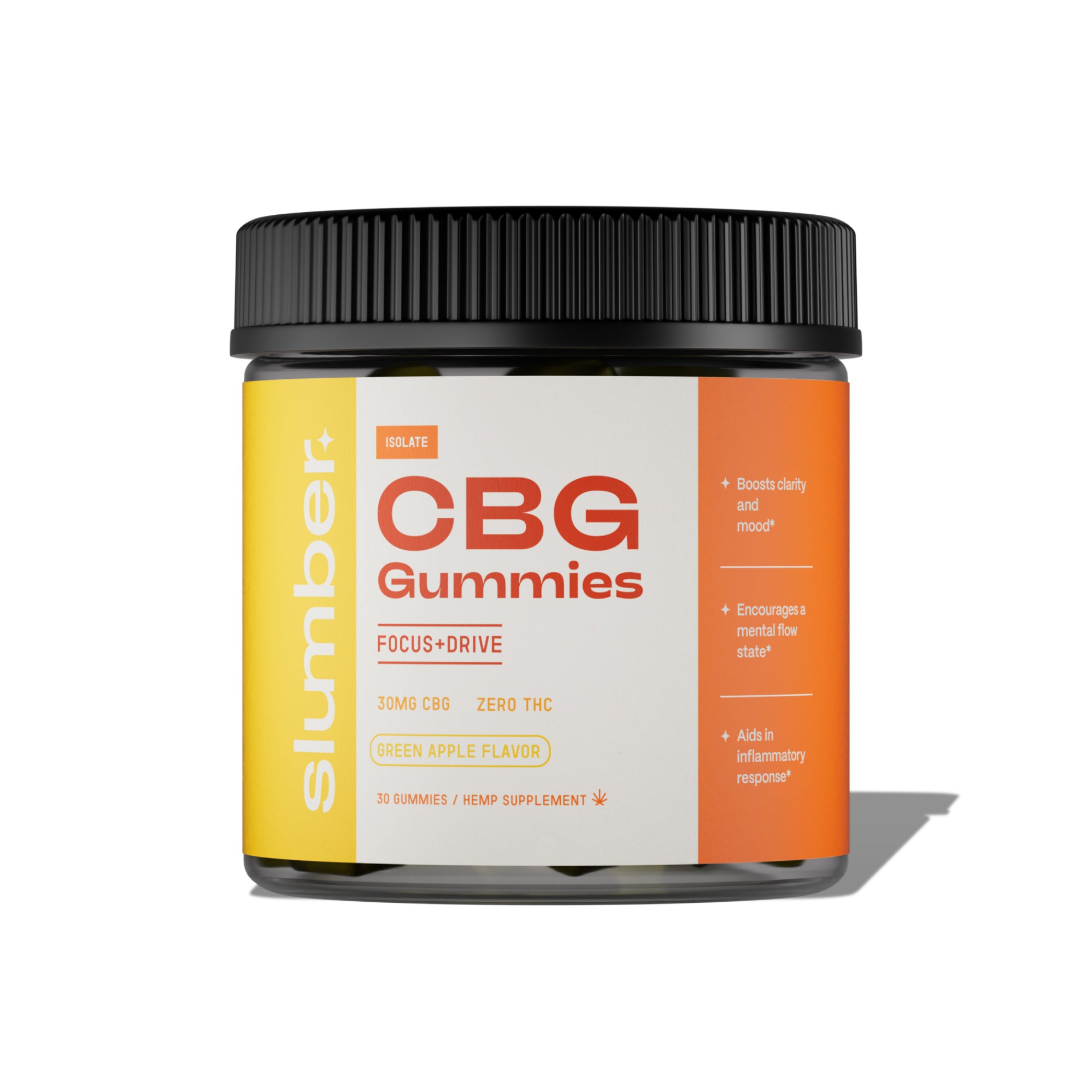 A container of Slumber CBG gummies with green apple flavor, highlighted by its orange and yellow label, reporting benefits such as 'Brisk alertness', 'Promotes mental clarity', and 'Enhances concentration'.