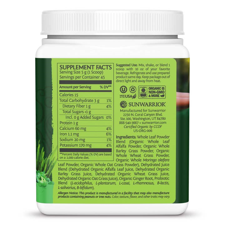 Sunwarrior Supergreens with Probiotics - Organic Alkalizing Greens Powder