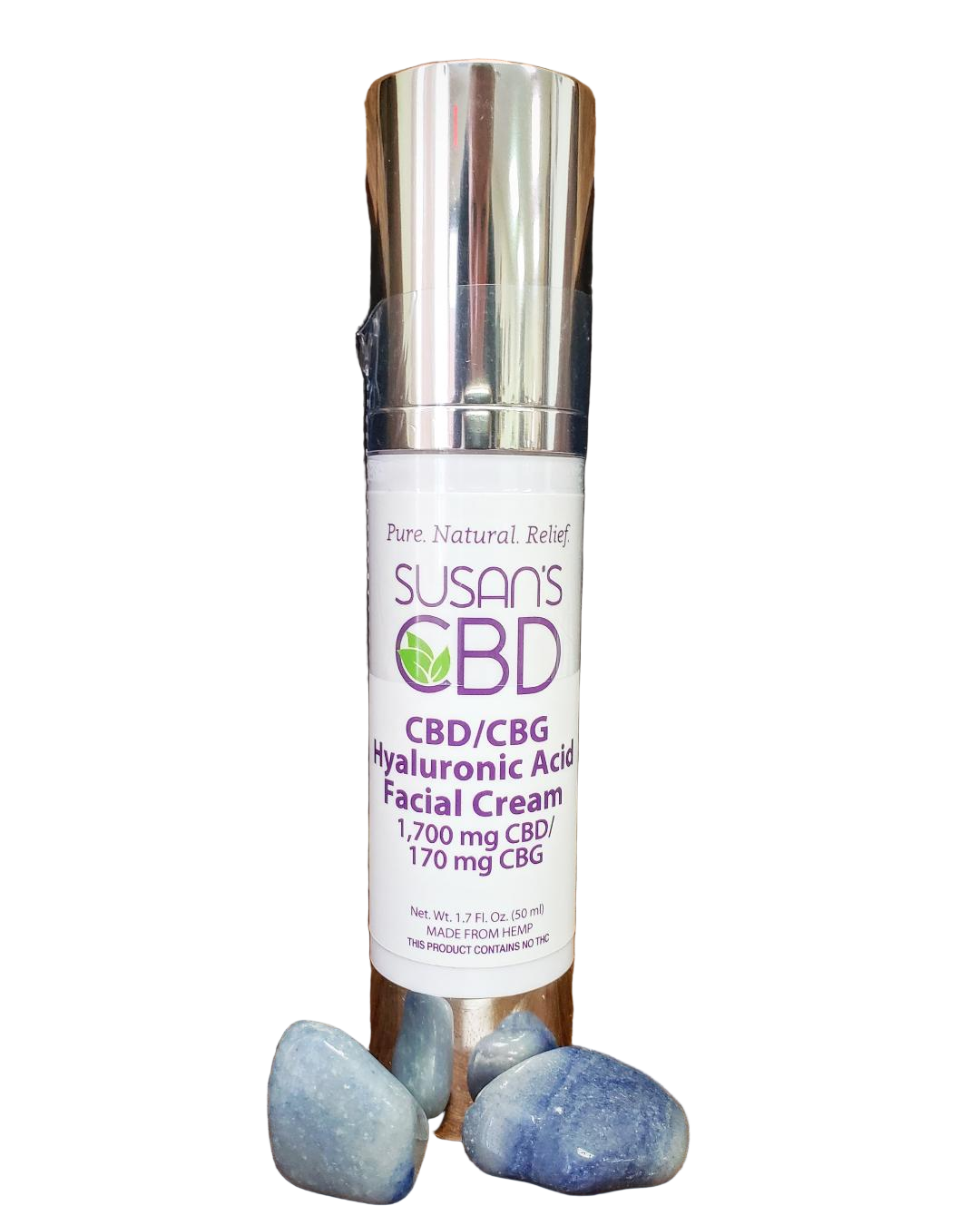 CBD/CBG facial cream bottle with a white label on a white background