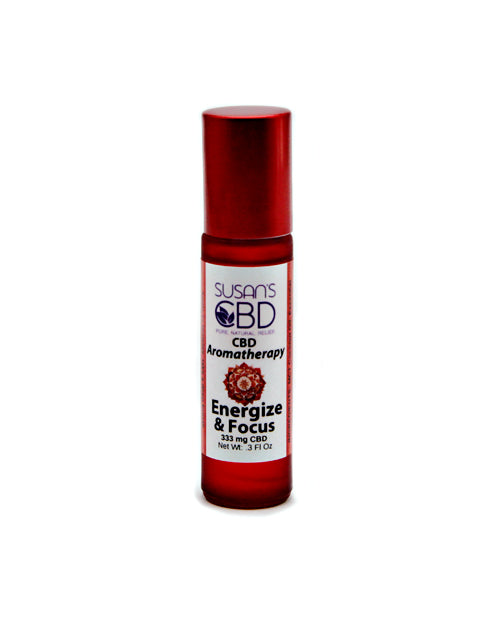 Red bottle of Susan's CBD Aromatherapy with a white label on a white background