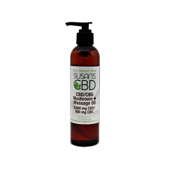Bottle of Susan's CBD Mushroom Massage Oil on a white background