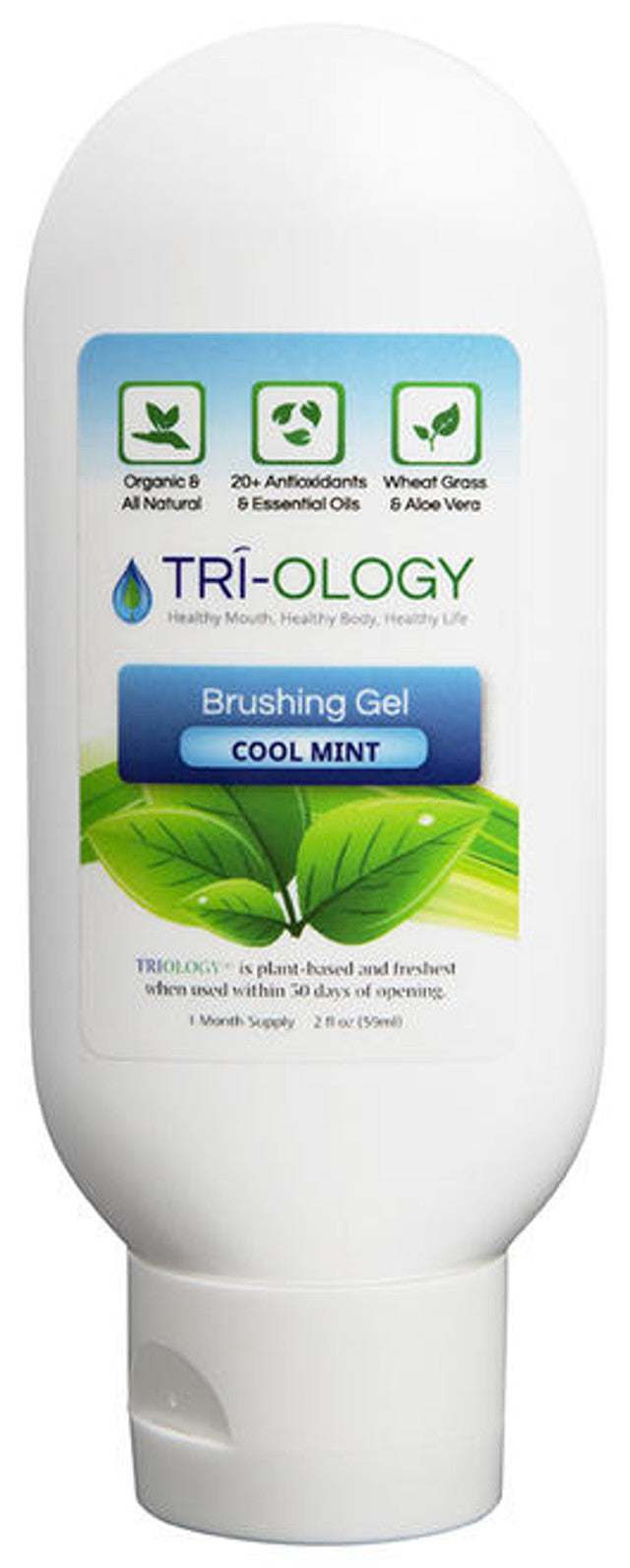 Tri-Ology brushing gel bottle with cool mint flavor on a white background