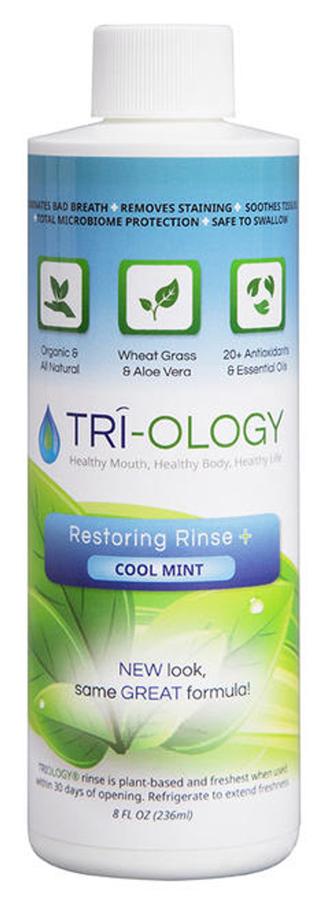 Tri-Ology restoring rinse bottle with green and white design