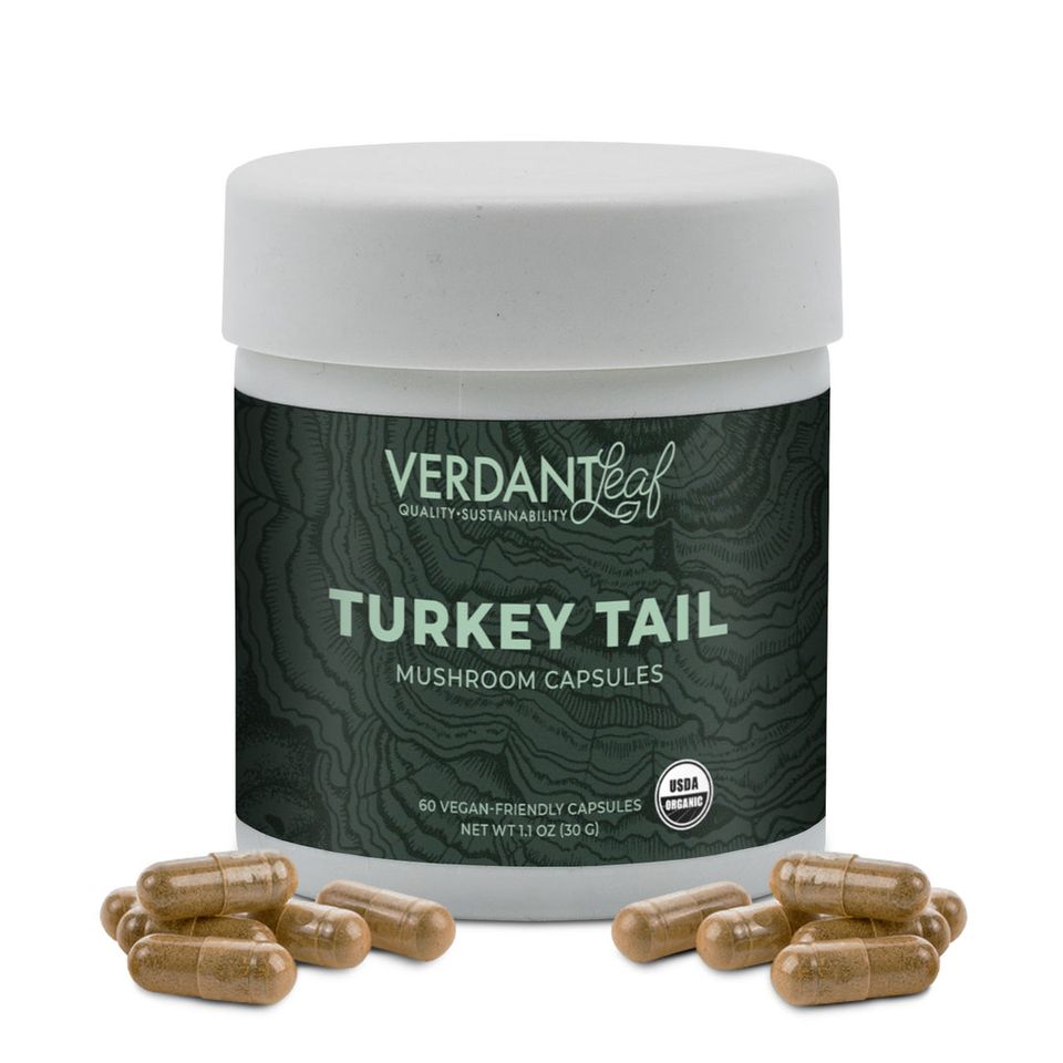 Bottle of Verdant Leaf Turkey Tail with capsules scattered in front on a white backgound