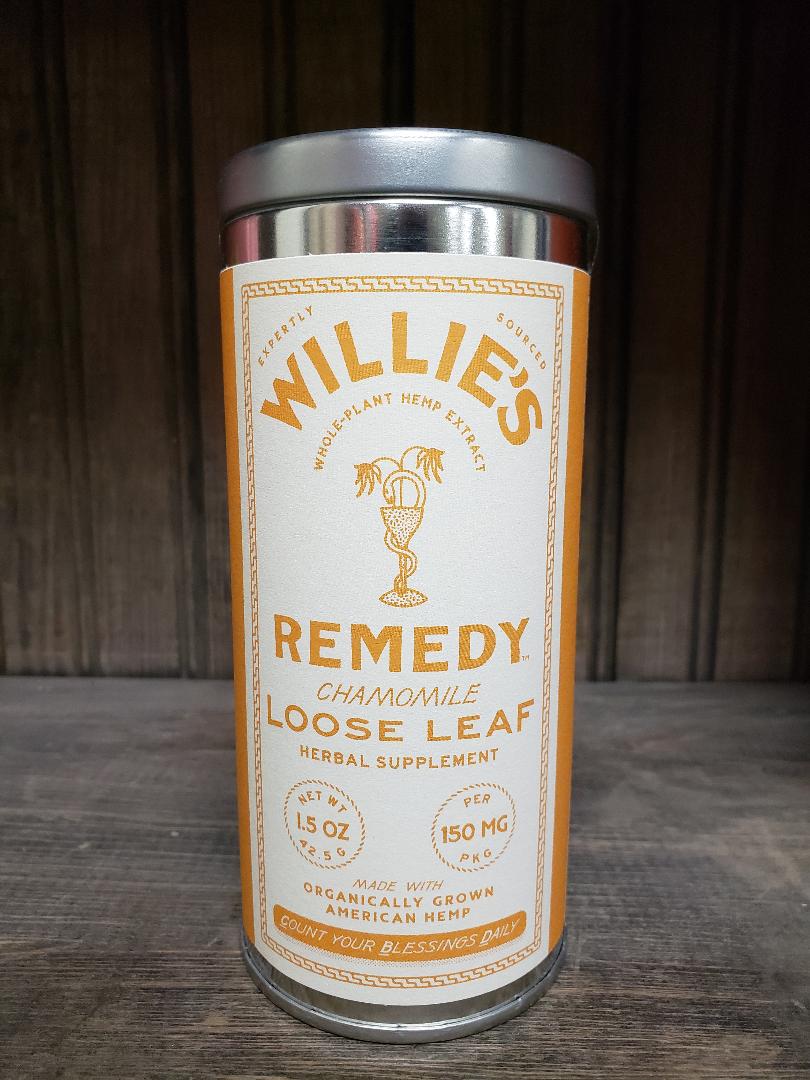 Can of Willies Remedy chamomile tea on a rustic background