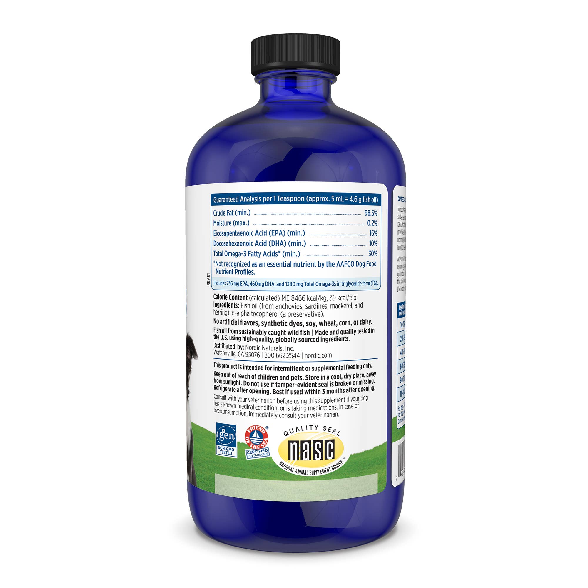 Blue bottle with label on a white background - nutritional facts
