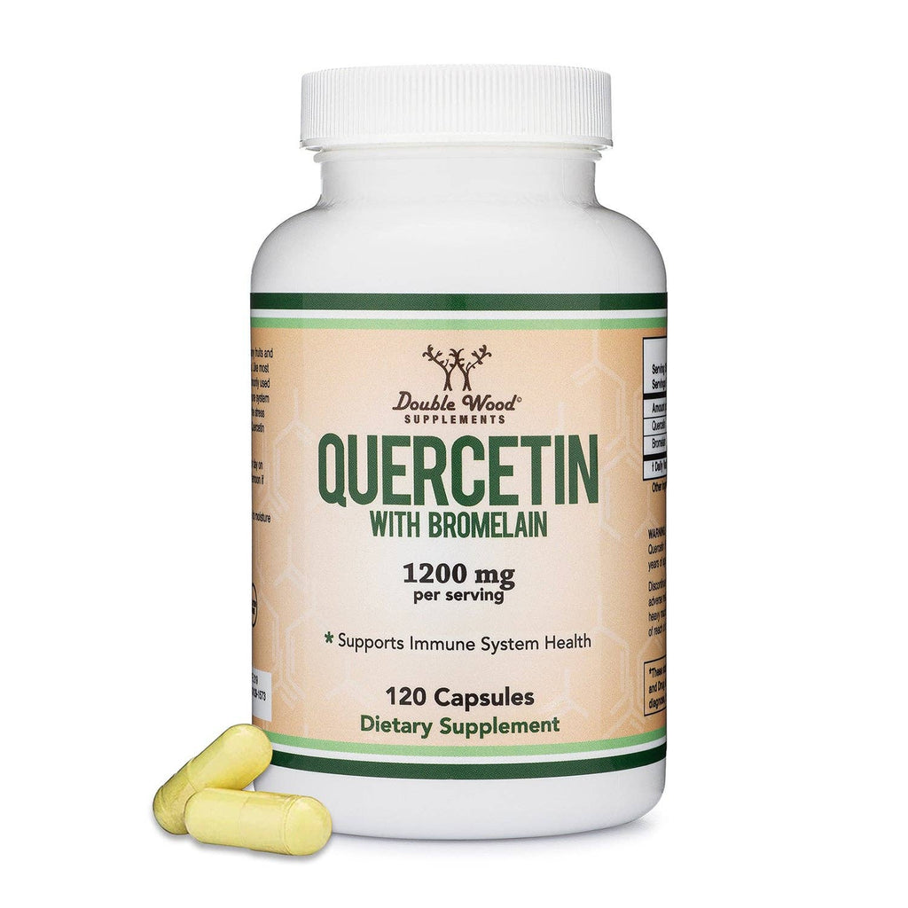 Supplement bottle labeled 'Quercetin with Bromelain' by Double Wood Supplements on a white background.