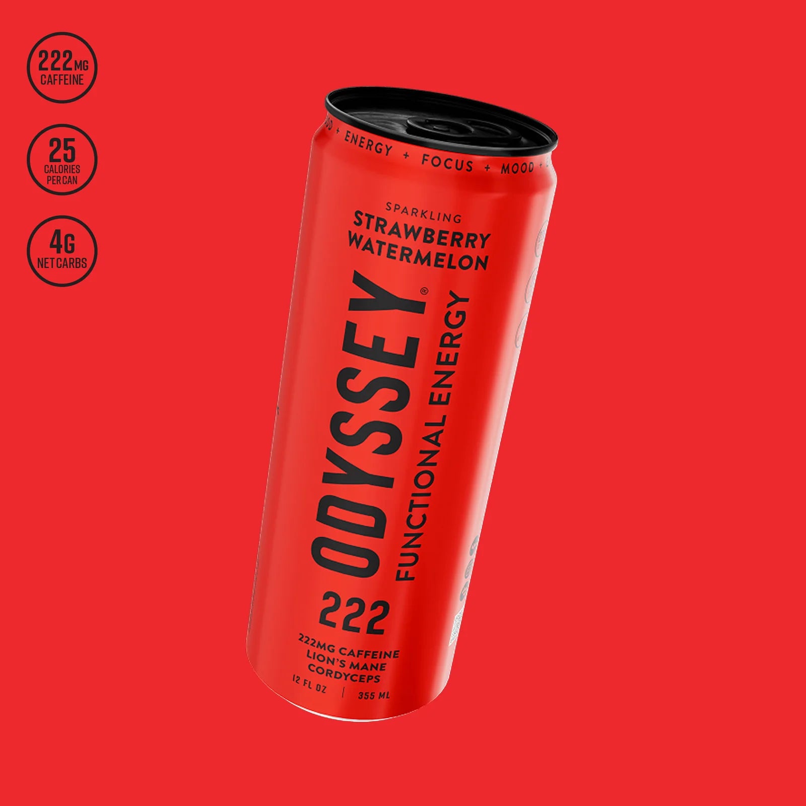 Red can of Odyssey Functional Energy drink on a red background