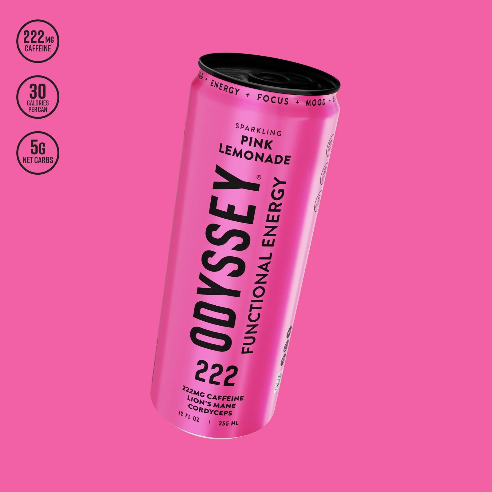 Pink can of Odyssey Functional Energy drink on a pink background