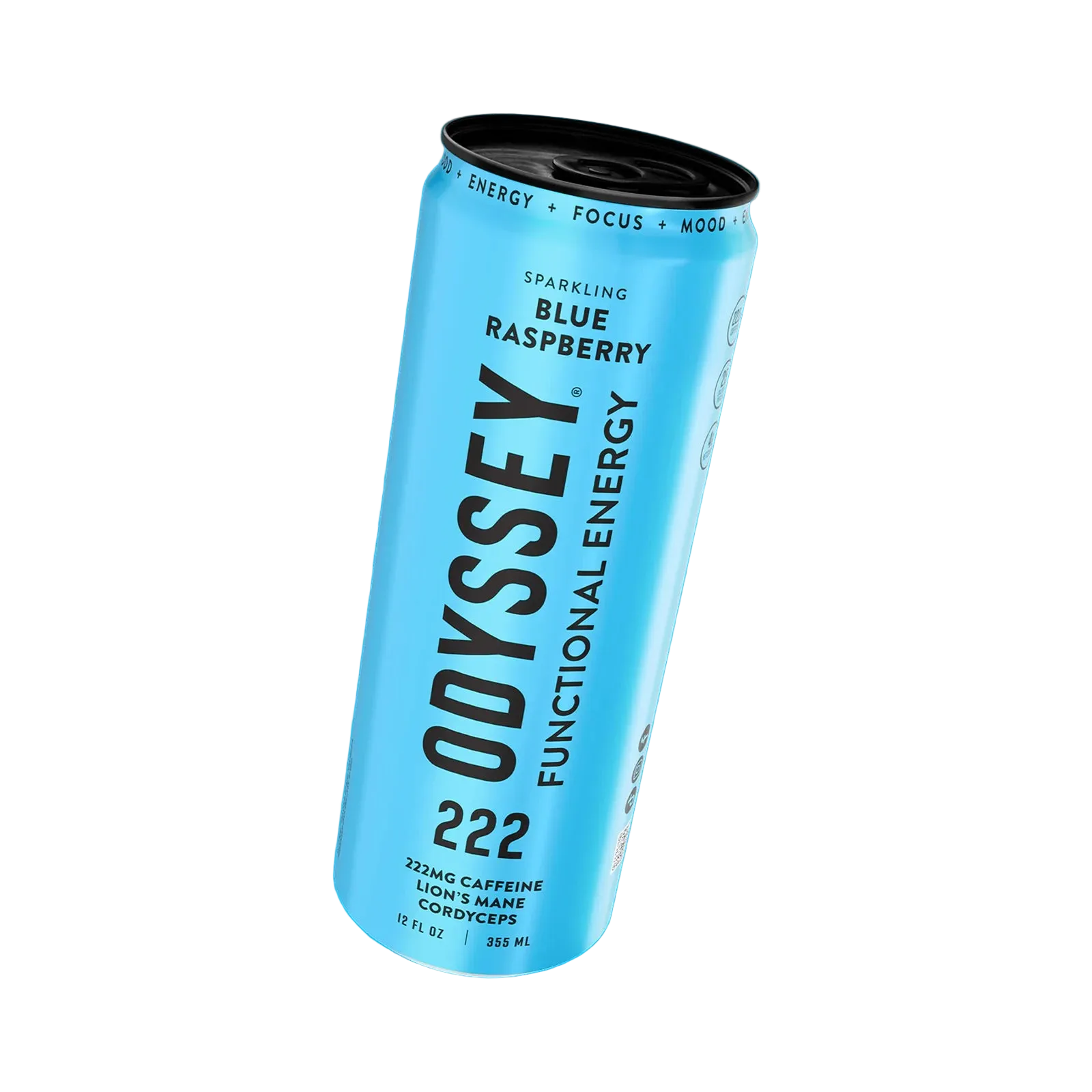 Blue cylindrical container of Odyssey Functional Energy drink on a white background