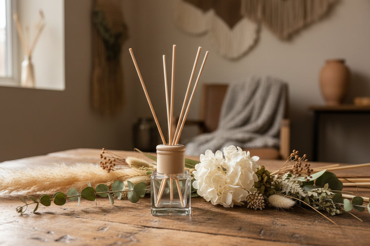 Reed diffuser with wooden sticks in a clear glass bottle on a dark surface.